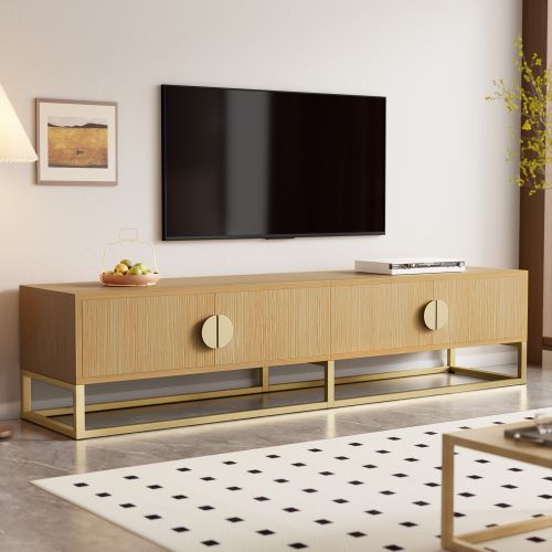 Meuble TV 180 Cm, Meuble TV Bois Avec 4 Portes, Poignées Semi-circulaires, Pieds En Métal