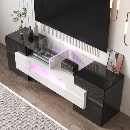 Meuble TV Noir Et Blanc Avec Éclairage LED, 3 Rangements Ouverts, 2 Tiroirs Et 4 Casiers