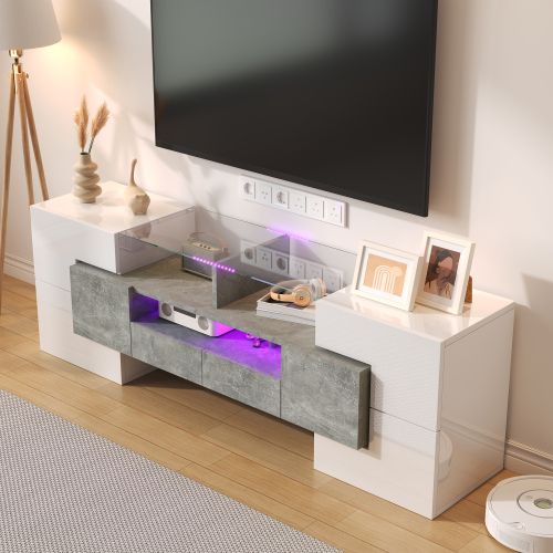 Meuble TV Blanc Et Gris, Meuble TV Discret Avec Éclairage LED, Écran En Verre Trempé, Blanc Brillant