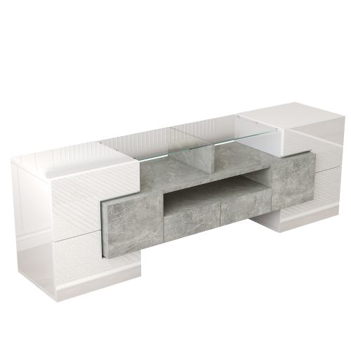 Meuble TV Blanc Et Gris, Meuble TV Discret Avec Éclairage LED, Écran En Verre Trempé, Blanc Brillant