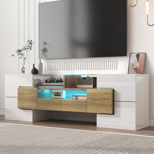 Meuble TV Blanc Et Bois, Meuble TV Discret Avec Éclairage LED, Écran En Verre Trempé, Blanc Brillant