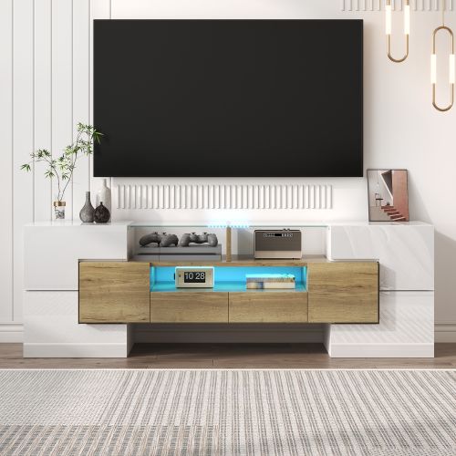 Meuble TV Blanc Et Bois, Meuble TV Discret Avec Éclairage LED, Écran En Verre Trempé, Blanc Brillant