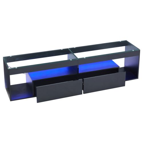 Meuble TV 180 Cm, Meuble TV Noir Avec 2 Tiroirs, Éclairage LED, 2 Grands Compartiments Ouverts