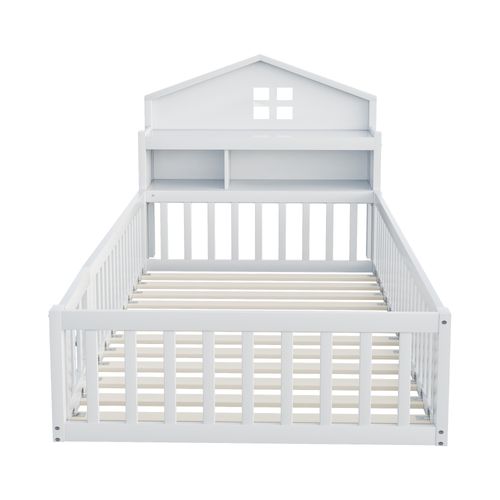 Lit Cabane Enfant 90x200cm, Lit Au Sol Avec Barrières Et Rangement, Sommier, Bois, Blanc