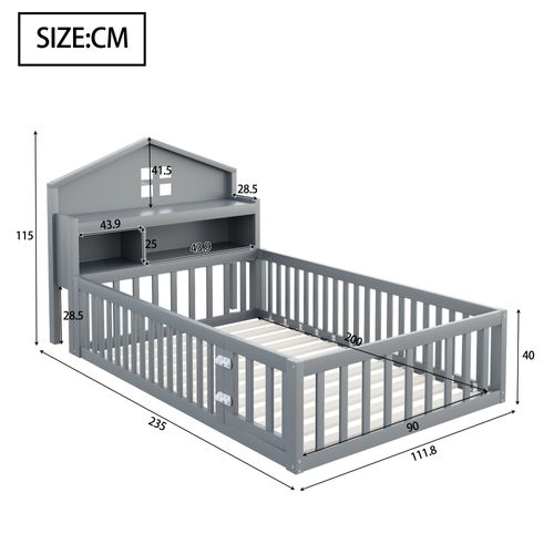 Lit Cabane Enfant 90x200cm, Lit Au Sol Avec Barrières Et Rangement, Sommier, Bois, Gris