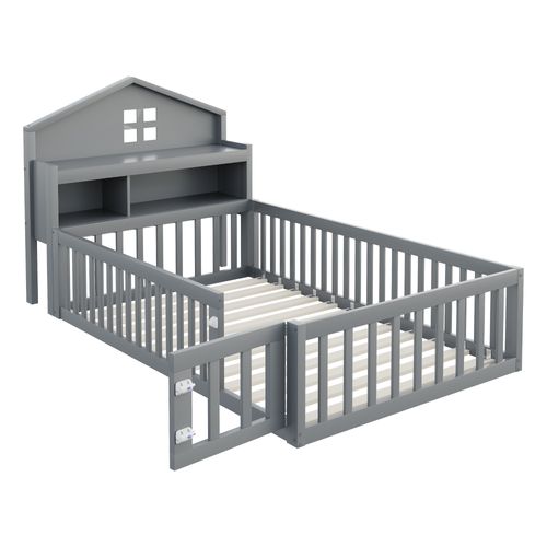 Lit Cabane Enfant 90x200cm, Lit Au Sol Avec Barrières Et Rangement, Sommier, Bois, Gris