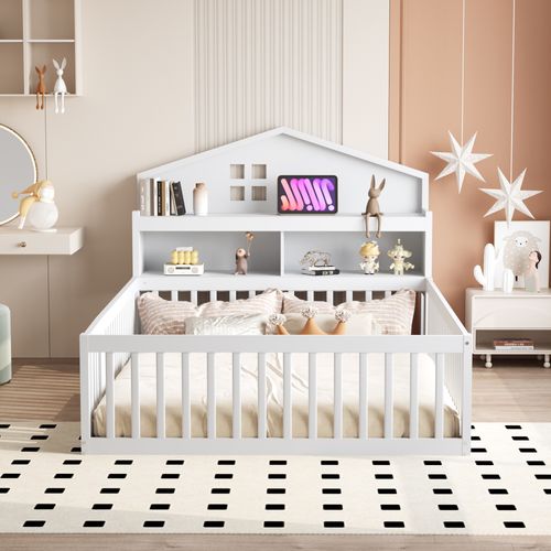 Lit Cabane Enfant 140x200cm En Bois Blanc Avec Barrières, Rangement Et Sommier