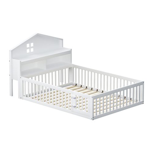 Lit Cabane Enfant 140x200cm En Bois Blanc Avec Barrières, Rangement Et Sommier