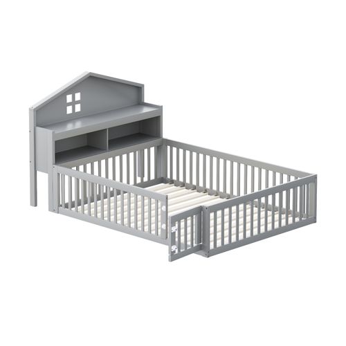 Lit Cabane Enfant 140x200cm En Bois Gris Avec Barrières, Rangement Et Sommier