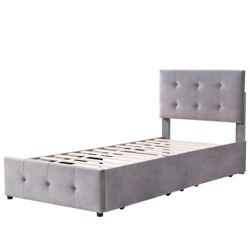 Lit Enfant Simple 90x200cm Avec 2 Tiroirs Et Sommier, Velours Gris