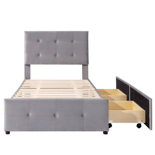 Lit Enfant Simple 90x200cm Avec 2 Tiroirs Et Sommier, Velours Gris