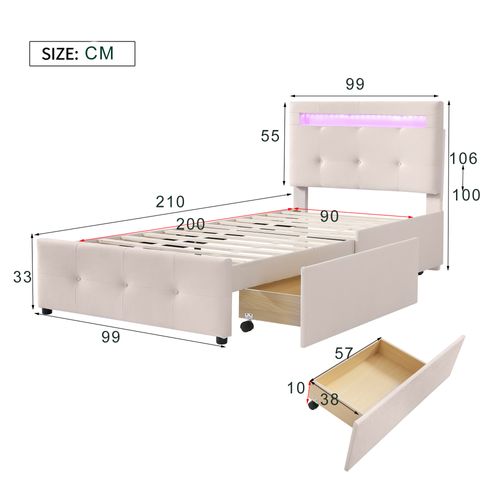 Lit Enfant LED 90x200cm Avec 2 Tiroirs, Éclairage Et Sommier, Lin Beige
