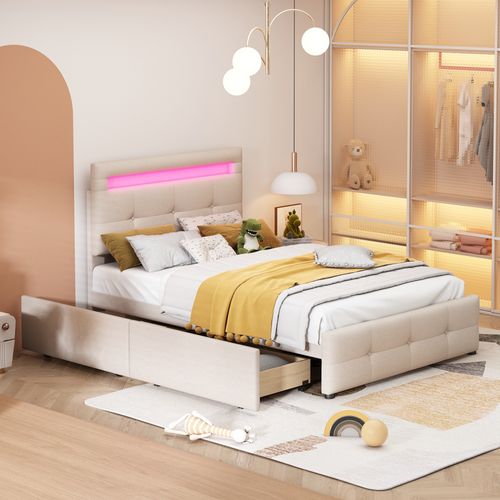 Lit Enfant LED 90x200cm Avec 2 Tiroirs, Éclairage Et Sommier, Lin Beige