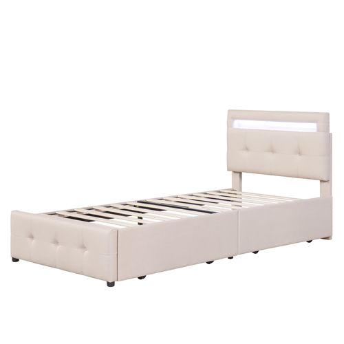Lit Enfant LED 90x200cm Avec 2 Tiroirs, Éclairage Et Sommier, Lin Beige