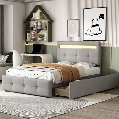 Lit Enfant LED 90x200cm Avec Éclairage, 2 Tiroirs Et Sommier, Lin Gris