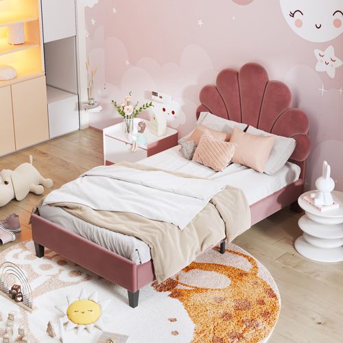 Lit Enfant 90x200cm Avec Tête De Lit En Forme De Fleur Et Sommier, Velours Rouge