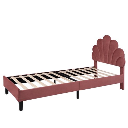 Lit Enfant 90x200cm Avec Tête De Lit En Forme De Fleur Et Sommier, Velours Rouge