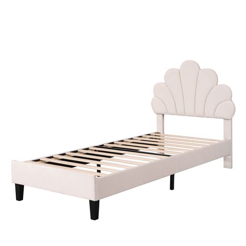 Lit Enfant 90x200cm Avec Tête De Lit En Forme De Fleur Et Sommier, Velours Beige