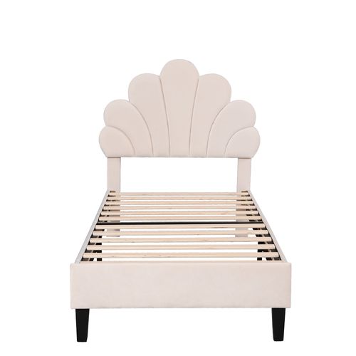 Lit Enfant 90x200cm Avec Tête De Lit En Forme De Fleur Et Sommier, Velours Beige
