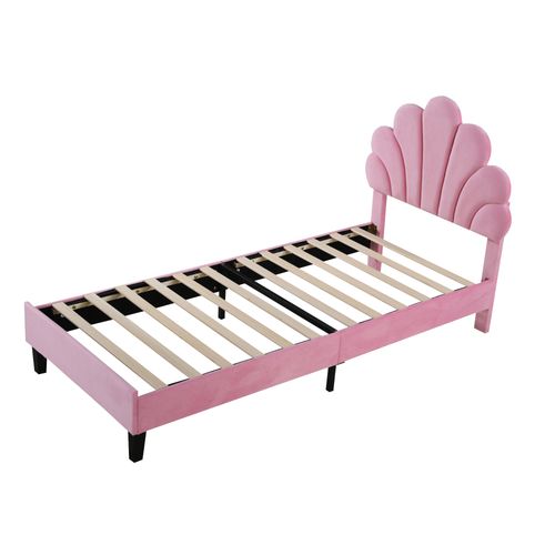 Lit Enfant 90x200cm En Velours Rose Avec Tête De Lit En Forme De Fleur Et Sommier