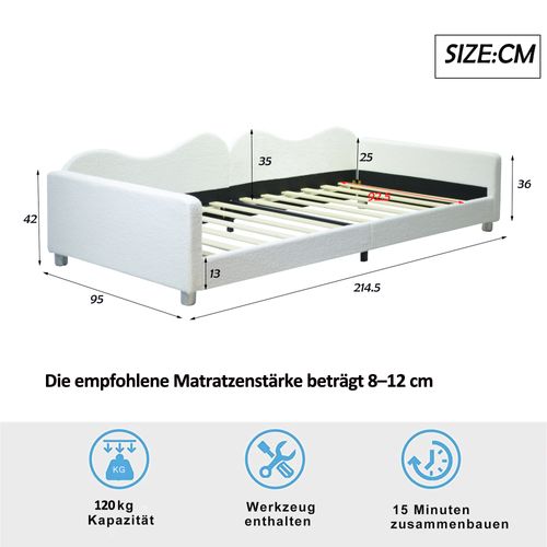 Lit Enfant 90x200cm, Lit Banquette En Tissu Teddy Blanc