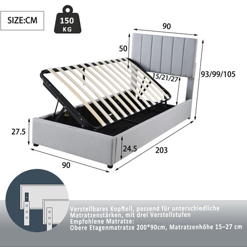 Lit Coffre Enfant 90x200cm Avec Tête De Lit Réglable Et Sommier, Lin, Gris