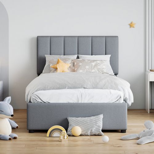 Lit Coffre Enfant 90x200cm Avec Tête De Lit Réglable Et Sommier, Lin, Gris