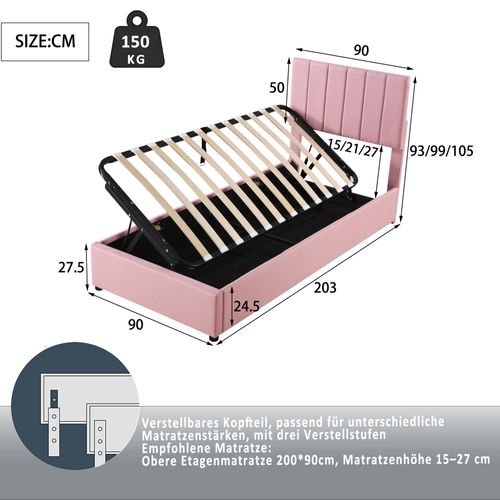 Lit Coffre Enfant 90x200cm Rose Avec Sommier, Lin