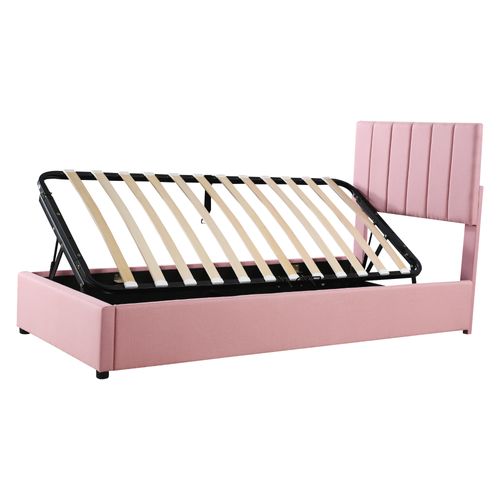 Lit Coffre Enfant 90x200cm Rose Avec Sommier, Lin
