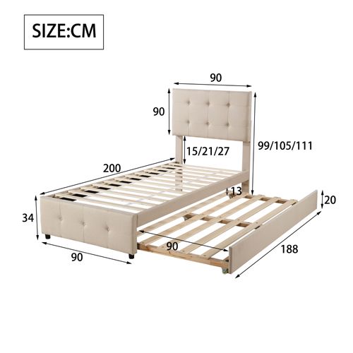 Lit Gigogne Enfant 90x200cm Avec Tête De Lit Réglable Et Sommier, Lin Beige