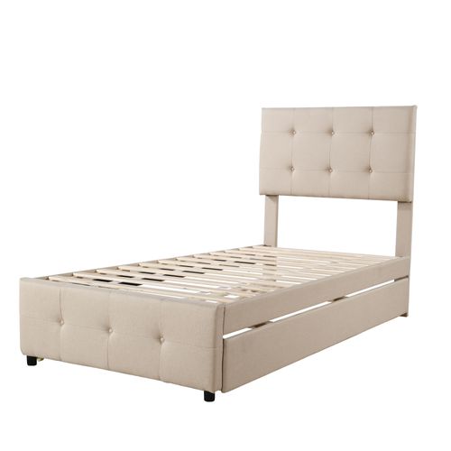 Lit Gigogne Enfant 90x200cm Avec Tête De Lit Réglable Et Sommier, Lin Beige