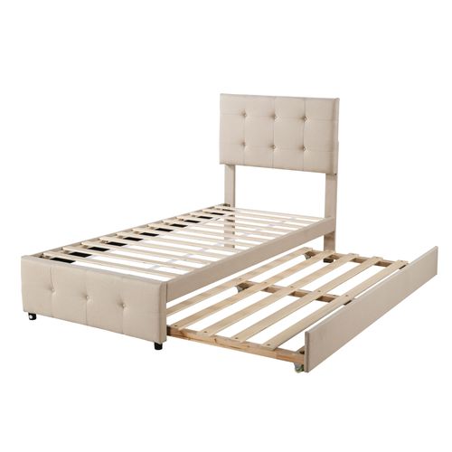 Lit Gigogne Enfant 90x200cm Avec Tête De Lit Réglable Et Sommier, Lin Beige