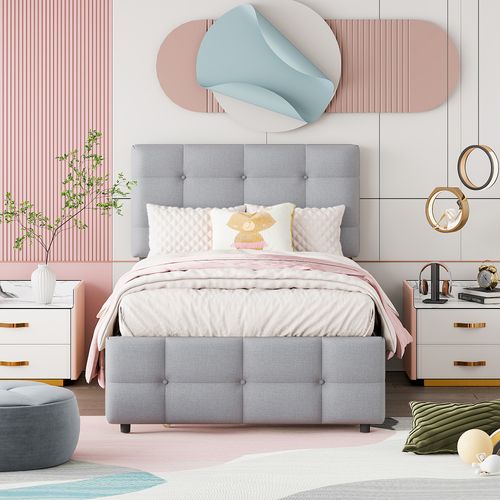 Lit Gigogne Enfant 90x200cm Avec Tête De Lit Réglable Et Sommier, Lin Gris