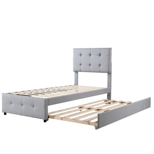 Lit Gigogne Enfant 90x200cm Avec Tête De Lit Réglable Et Sommier, Lin Gris