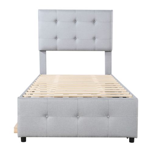 Lit Gigogne Enfant 90x200cm Avec Tête De Lit Réglable Et Sommier, Lin Gris