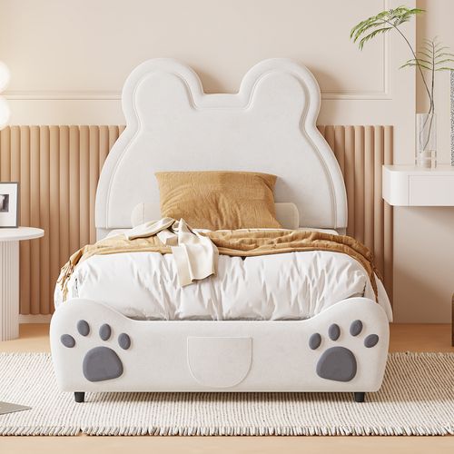 Lit Enfant 90x200cm En Forme D'ours Avec Sommier, Velours Blanc
