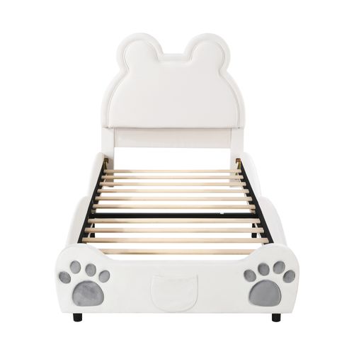 Lit Enfant 90x200cm En Forme D'ours Avec Sommier, Velours Blanc