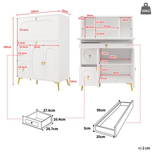Buffet De Rangement H.140cm 3 Tiroirs Et 3 Portes - Blanc