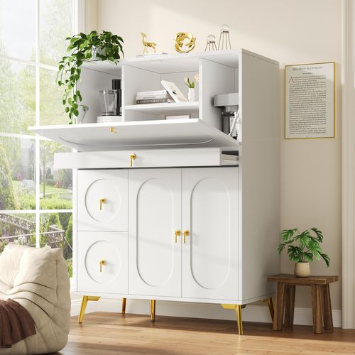 Buffet De Rangement H.140cm 3 Tiroirs Et 3 Portes - Blanc