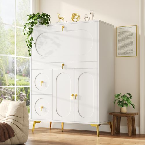 Buffet De Rangement H.140cm 3 Tiroirs Et 3 Portes - Blanc