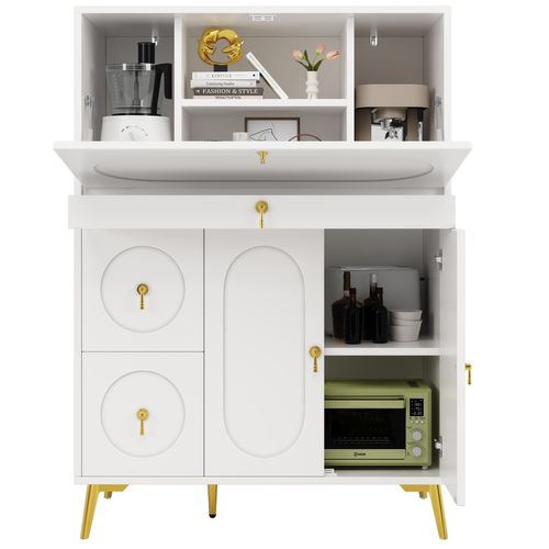 Buffet De Rangement H.140cm 3 Tiroirs Et 3 Portes - Blanc