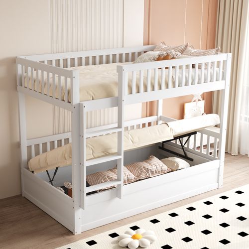 Lit Superposé Coffre 90x200cm Avec Rangement Et Sommiers, En Pin Blanc