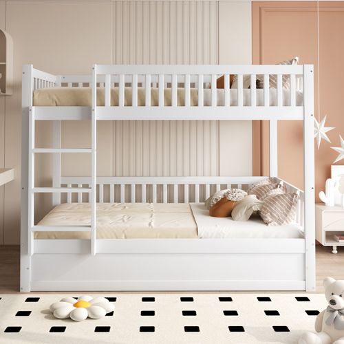 Lit Superposé Coffre 90x200cm Avec Rangement Et Sommiers, En Pin Blanc