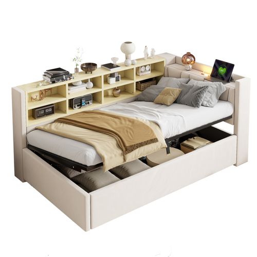 Lit Coffre 90x200cm , Tête De Lit Avec Ports USB Et Étagères, Velours Beige