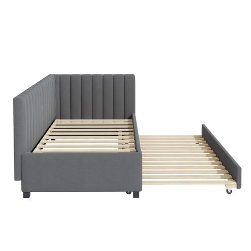 Lit Gigogne Enfant 90x200cm En Velours Gris Avec Sommiers, Lit Banquette Simple