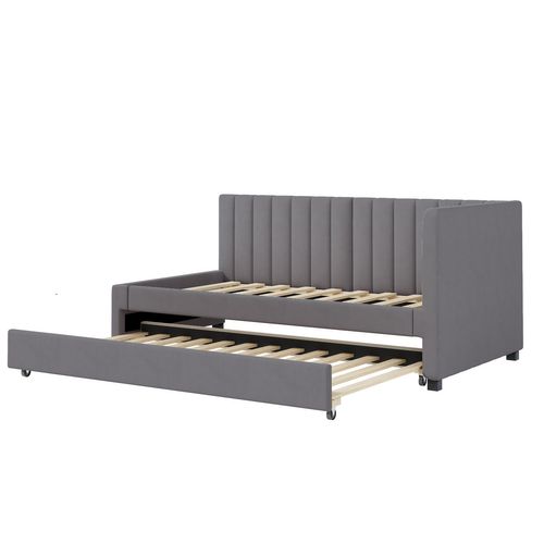 Lit Gigogne Enfant 90x200cm En Velours Gris Avec Sommiers, Lit Banquette Simple