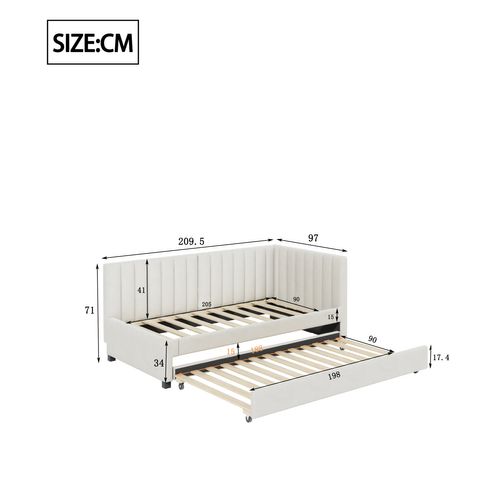 Lit Gigogne Enfant 90x200cm En Velours Beige Avec Sommiers, Lit Banquette Simple