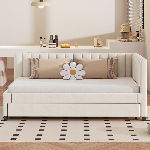 Lit Gigogne Enfant 90x200cm En Velours Beige Avec Sommiers, Lit Banquette Simple