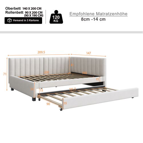 Lit Adulte 140x200cm Avec Lit Gigogne Enfant 90x190cm, En Velours Beige