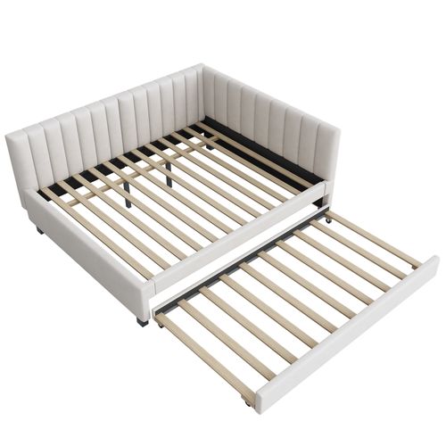 Lit Adulte 140x200cm Avec Lit Gigogne Enfant 90x190cm, En Velours Beige